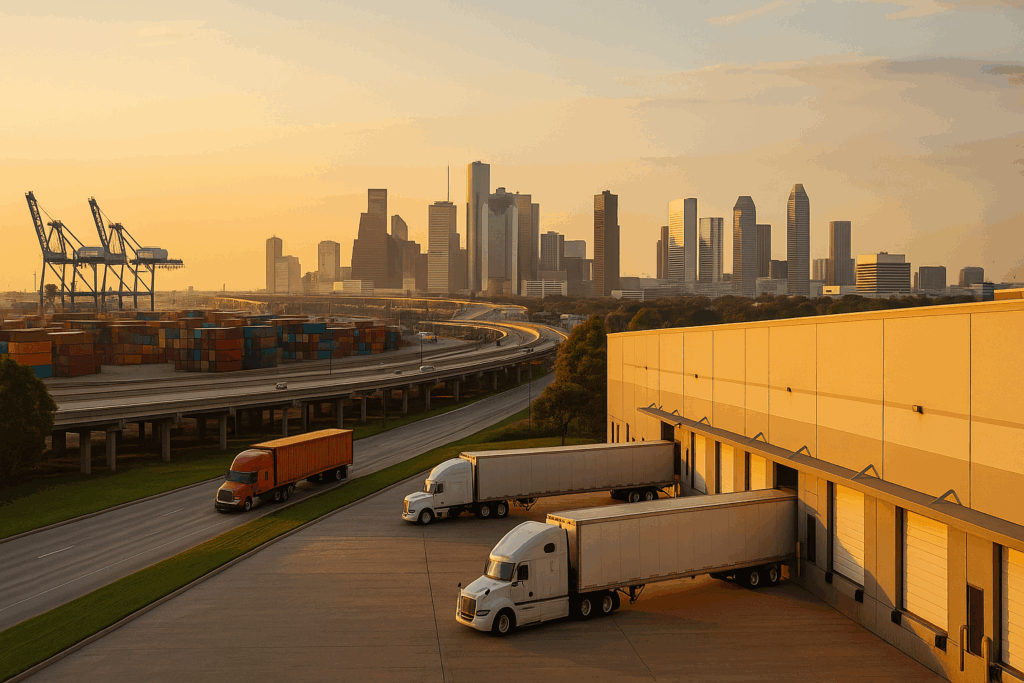 Houston logistics recruiters — warehouse and distribution center with Port of Houston, trucks, and skyline at sunrise